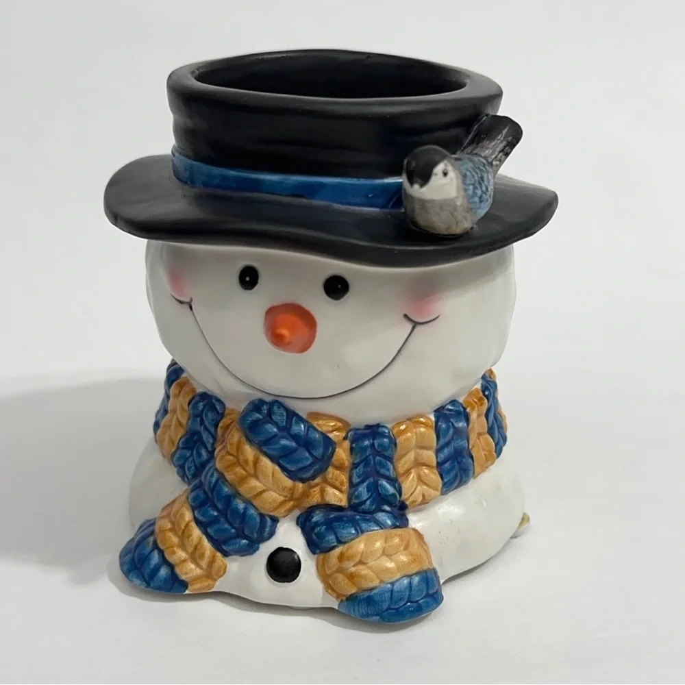 Vintage Ceramic Snowman Votive Candle Holder with Scarf and Bird on Hat